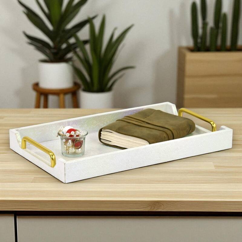 Nimue 15.75" Rectangular Decorative Serving Tray - Prismatic Fish Scale Pattern for Display, and Organization - Pearlescent white