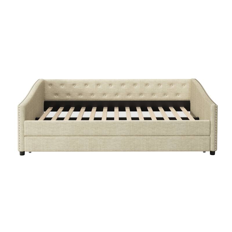 Wooden Frame Upholstered Tufted Daybed with Twin Size Trundle Bed - Classic Design with Copper Nail Details.