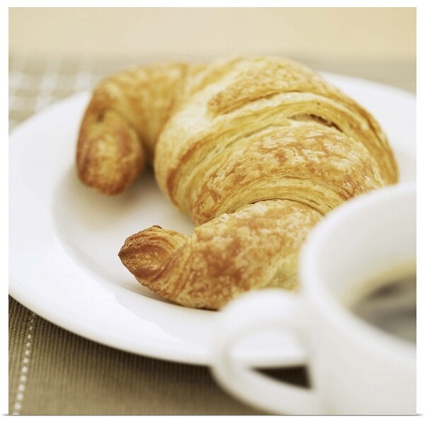 "close-up of a cup of hot black coffee and a croissant" Poster Print