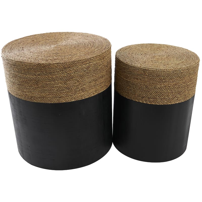 Madura Natural Seagrass and Wood Round Side Table 2 Piece-Set
