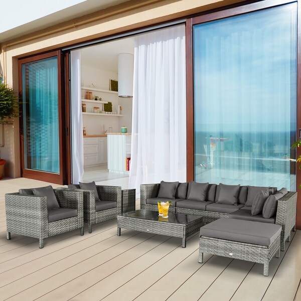 Outsunny 9-Piece Rattan Wicker Outdoor Patio Furniture Set with Modern Design Thick Soft Cushions & Tea Table Grey. Opens flyout.
