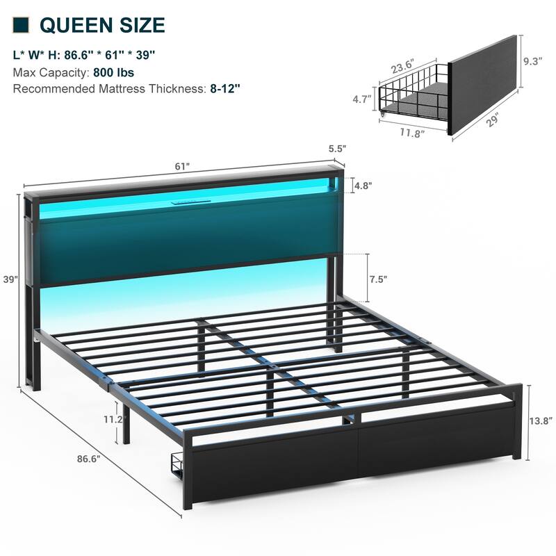 Platform Bed with Storage Headboard, Bed Frame with Charge Station and LED Light