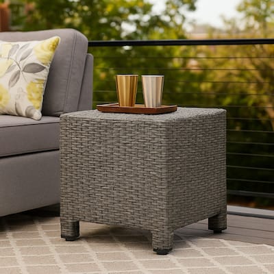 Perie Outdoor Accent Table, Gray Faux Rattan, Iron Frame, 18 Inch