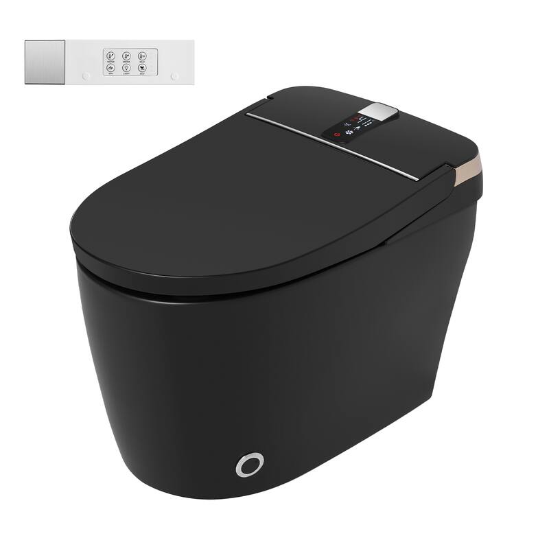 Elongated Smart Toilet with Bidet Wash, Heated Seat, Warm Air Dry, Remote Control, Auto Flush, LED Display - Black