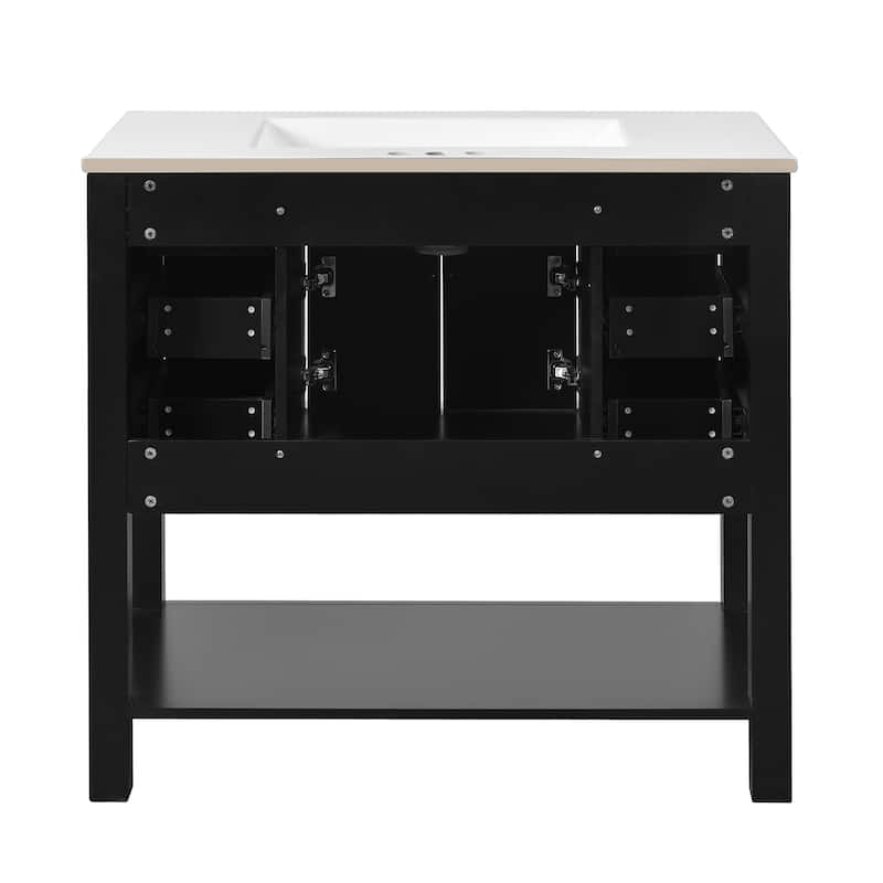 Single Sink Bathroom Vanity Storage Cabinet with 2 Soft Closing Doors, 6 Drawers, Open Shelf and Silver Metal Handles