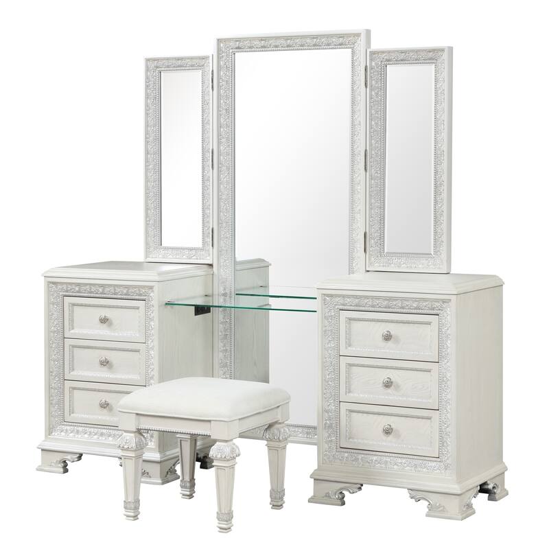 Furniture of America Fornan Traditional Creamy White Solid Wood 6-Drawer Vanity Set with LED Light and Power Outlet