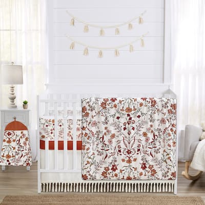 Sweet Jojo Designs 6p Crib Bedding+BreathableBaby Breathable Mesh Liner Ivory Orange Boho Vintage Floral Girl Bohemian Farmhouse