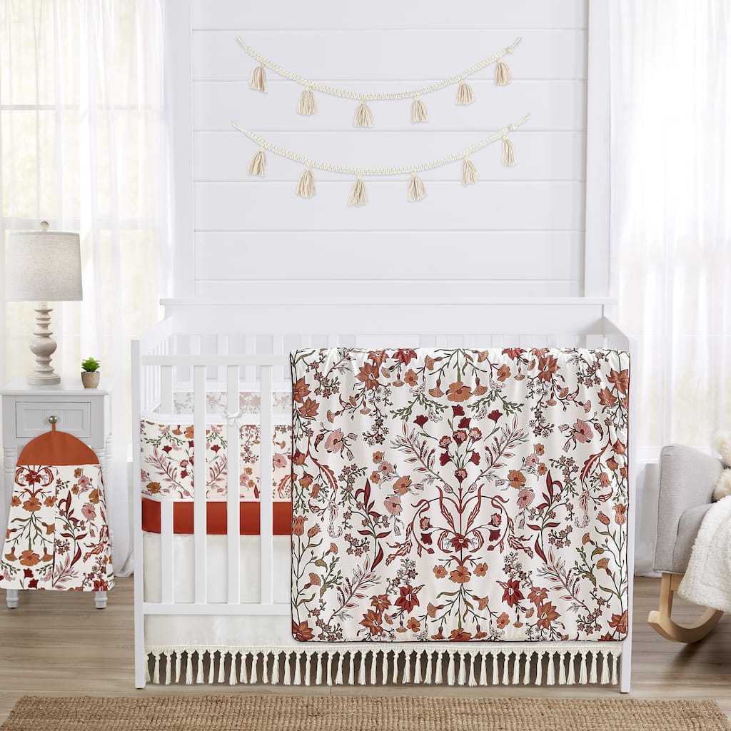Sweet Jojo Designs 6p Crib Bedding+BreathableBaby Breathable Mesh Liner Ivory Orange Boho Vintage Floral Girl Flower