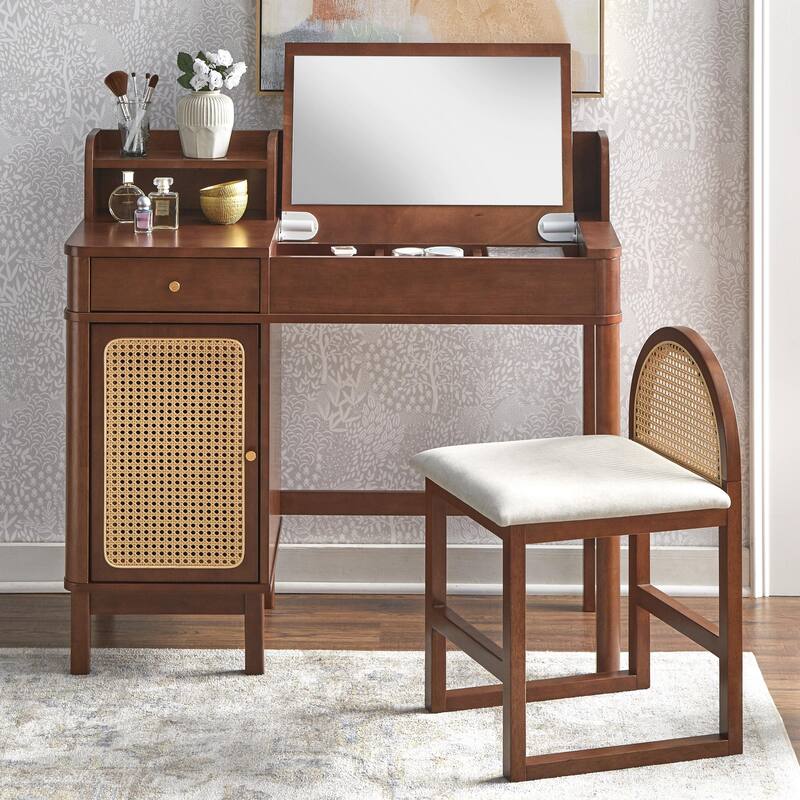 Lifestorey Bayview Rattan Vanity Set - Walnut
