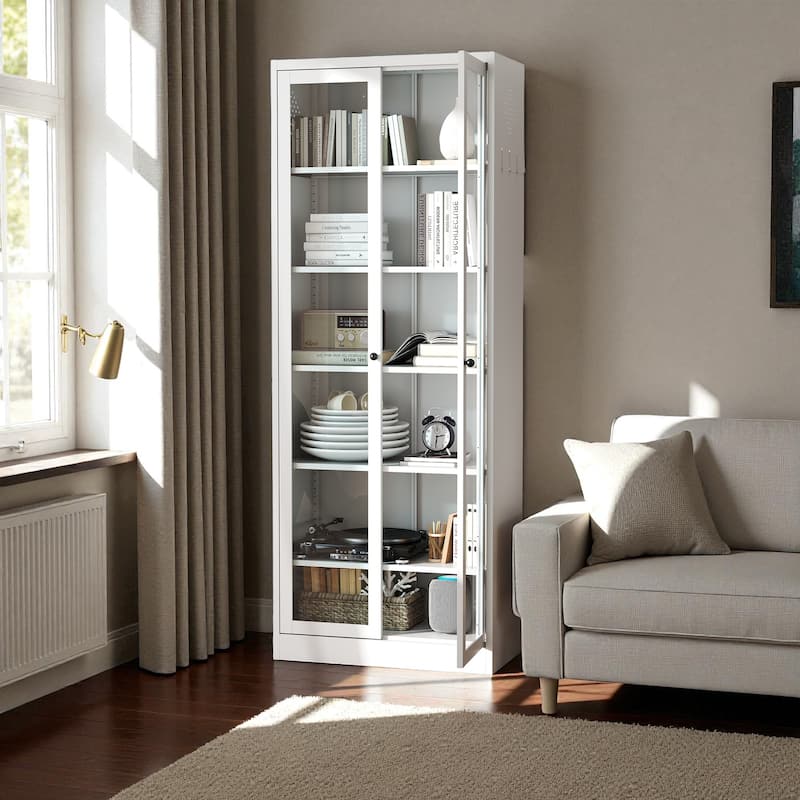 72" White Metal Storage Cabinet with Adjustable Shelves and Glass Doors, Tall Freestanding Pantry Organizer for Kitchen