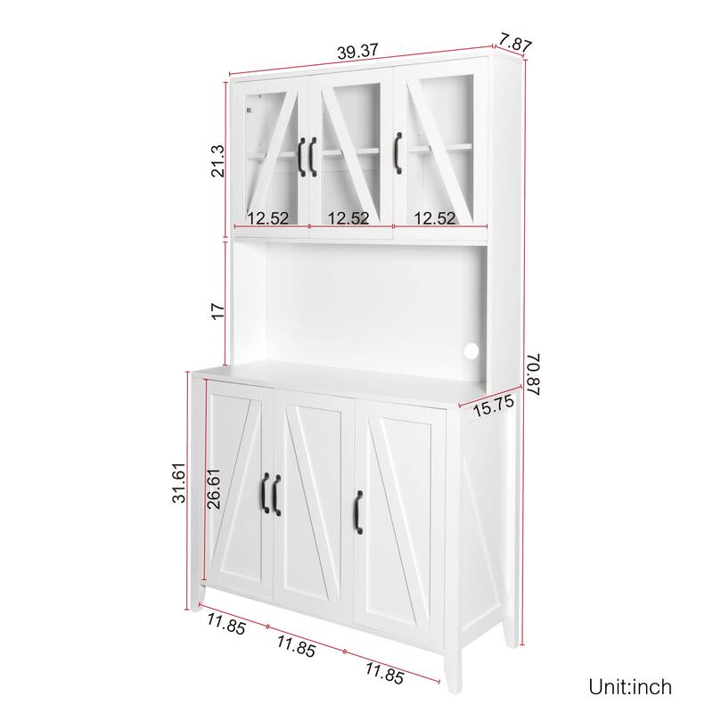 Large Kitchen Pantry Storage Cabinet with Glass Doors and Drawer, Wood Buffet Cupboard with Open Countertop