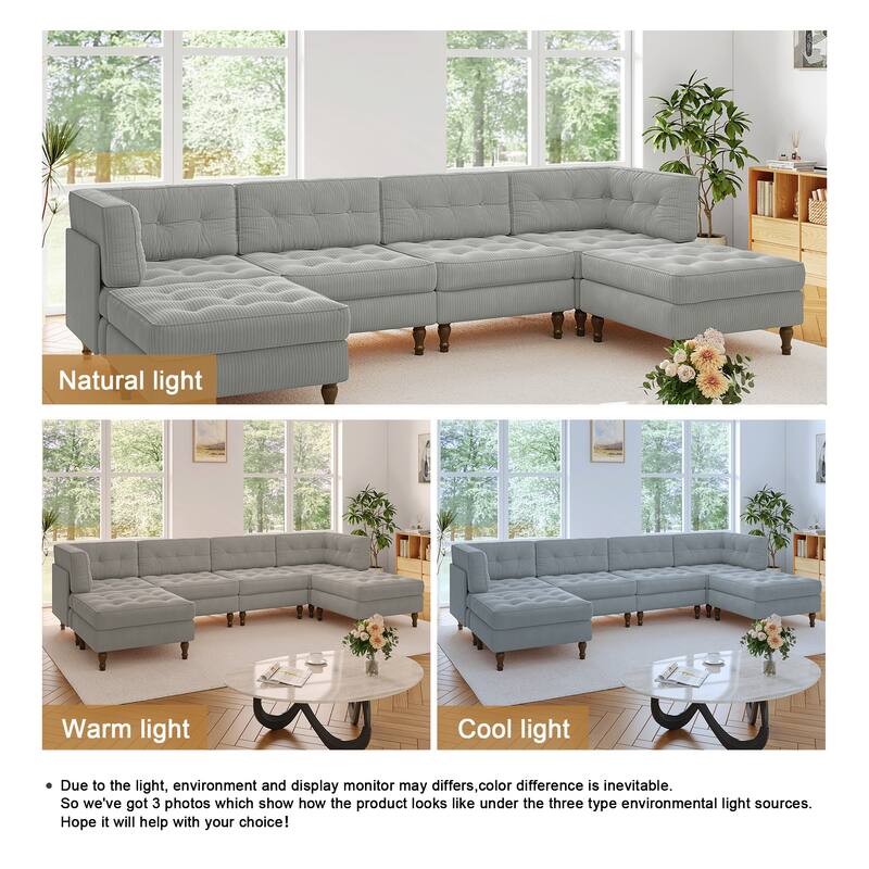 130"W Corduroy Upholstered Modular Sectional Sofa with Storage Ottoman