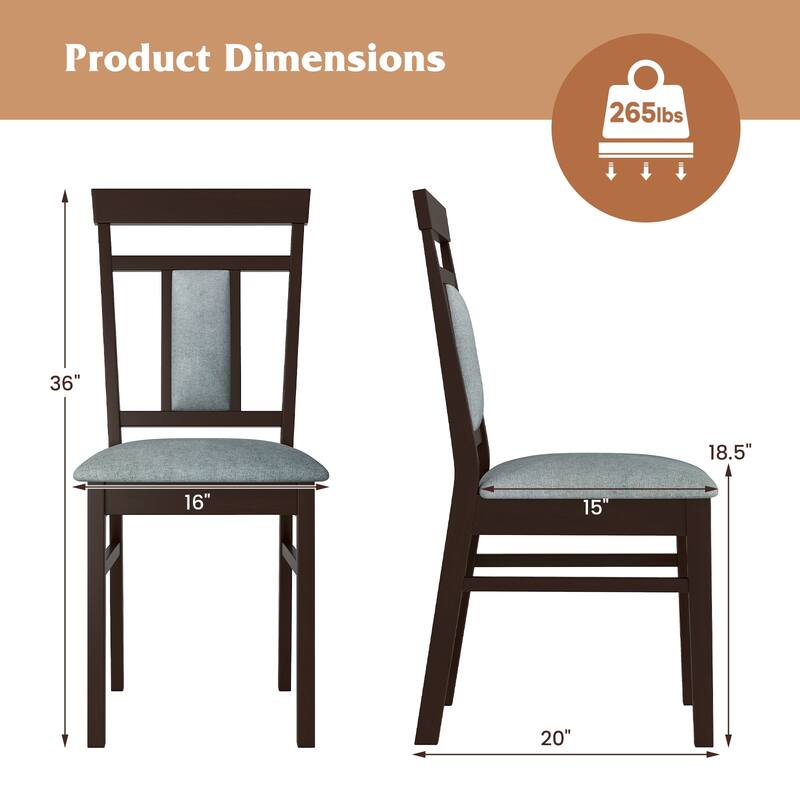 Seet of 2 Coffee Rubber Wood Dining Chairs with Linen Padded Seats and Backrests - 16" L x 20" W x 36" H