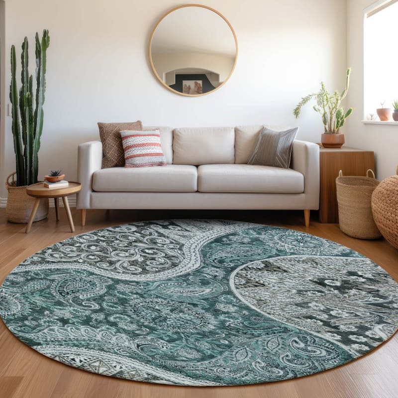 Machine Washable Indoor/ Outdoor Modern Paisley Chantille Rug - Teal - 8' x 8'