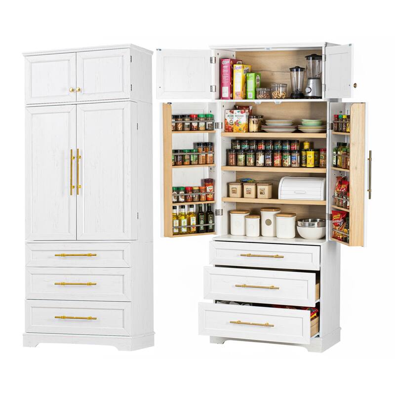 Roomfitters 78" Tall Farmhouse Kitchen Pantry Cabinet with 8 Door Shelves & 3 Large Drawers