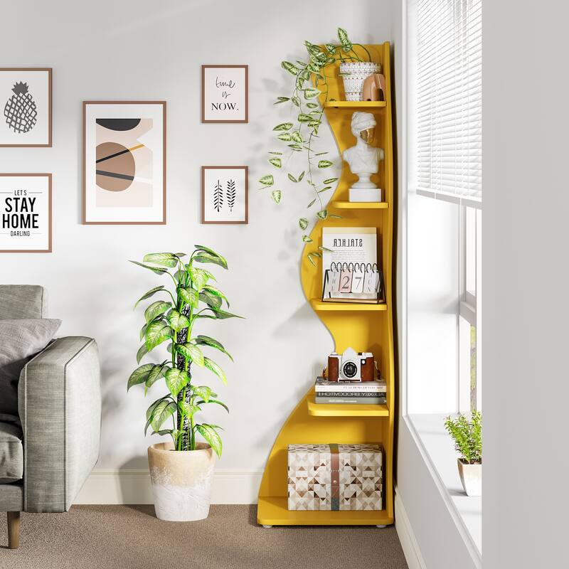 Modern Wood Corner Shelf, 5-Tier Bookshelf Bookcase for Living Room