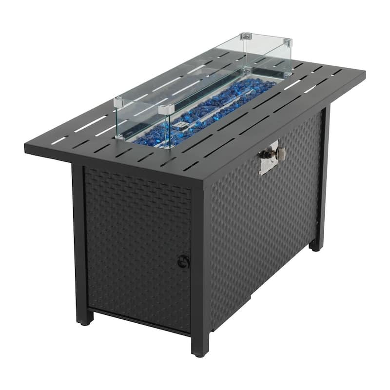 Outdoor 50000 BTU Rectangular 45” Propane Fire Pit Table with Glass Wind Guard for Patio, Deck, Backyard, Black