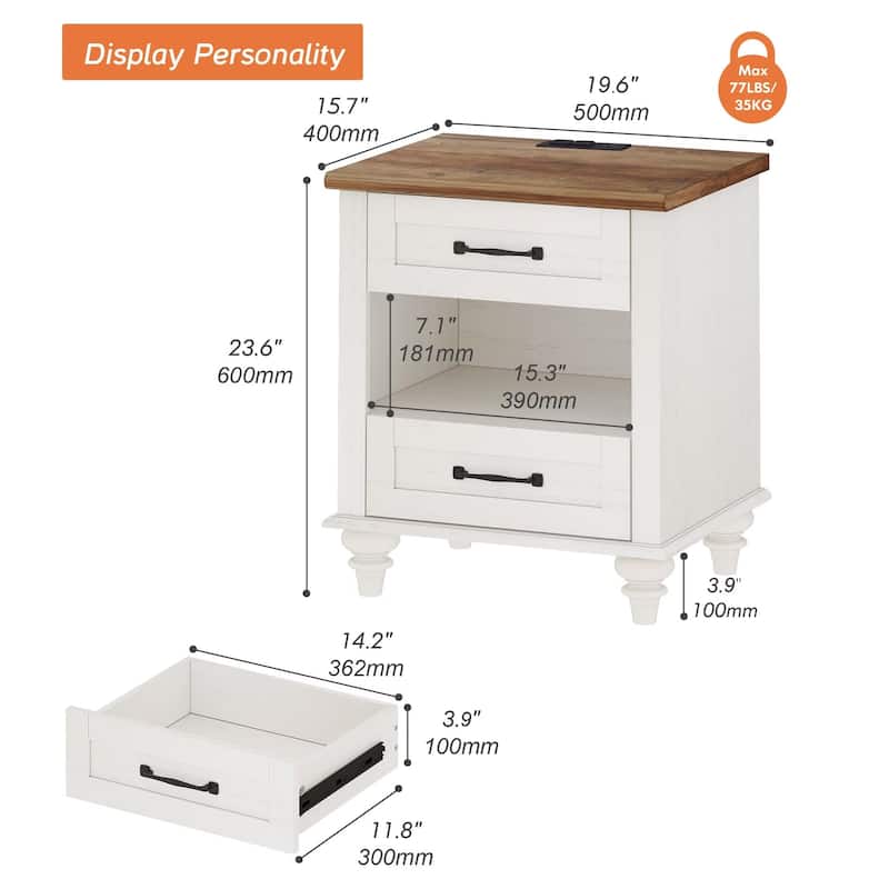 Mid Century End Table Nightstands with Charging Station & Drawer