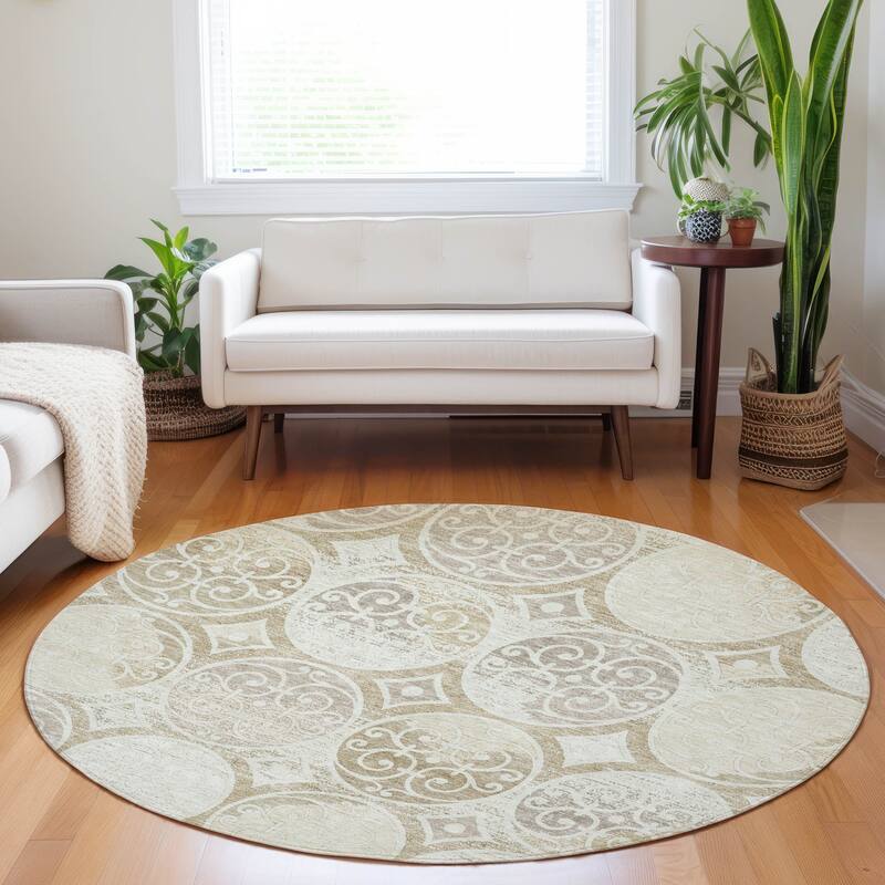 Premium Washable Super Soft Traditional Scroll Mayfield Rug - Ivory - 8' x 8' - Round