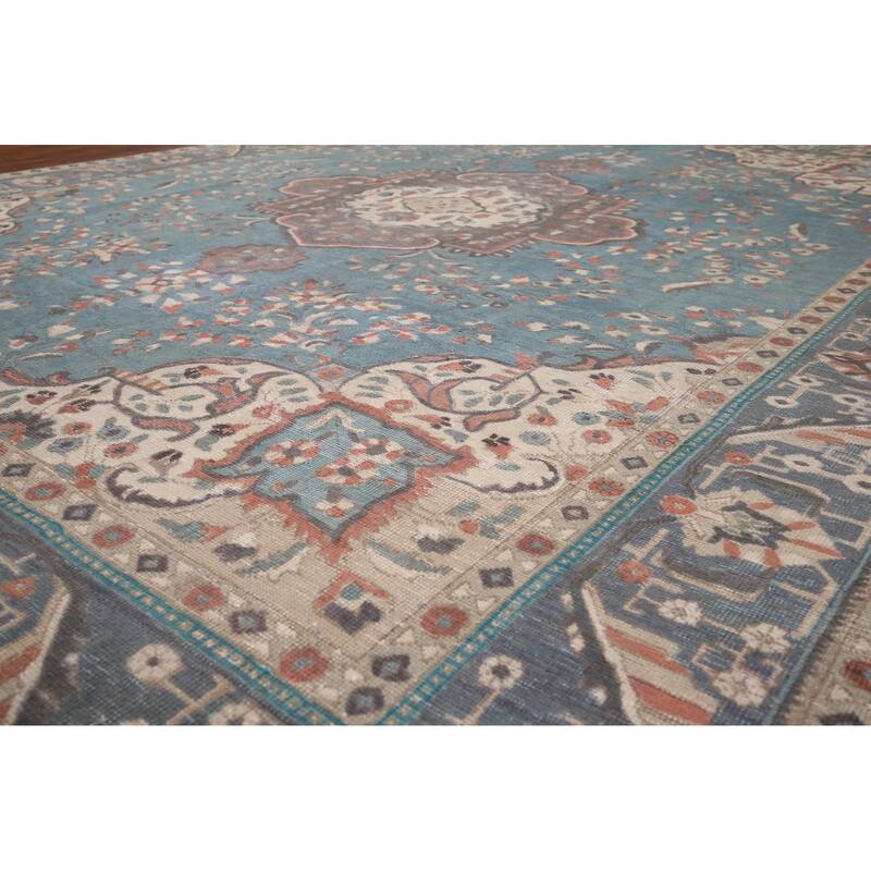 Blue Distressed Tabriz Vintage Persian Area Rug Handmade Wool Carpet - 9'7" x 12'3"