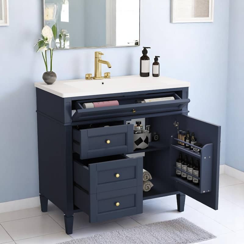 36 Inch Bathroom Vanity with Top Sink, Tip-Out Drawer, Soft Close Doors, Freestanding Cabinet for Storage