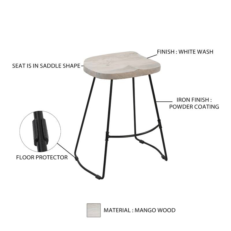 Tiva 24 Inch Handcrafted Backless Counter Height Stool, Whitewashed Mango Wood Saddle Seat, Black Metal Base