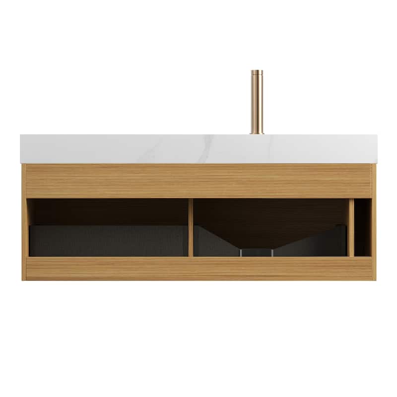 Floating Bathroom Vanity with Sink - Carrara White,Light Oak