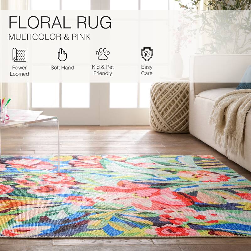 Lavatera Machine Washable Indoor/Outdoor Floral Area Rug.