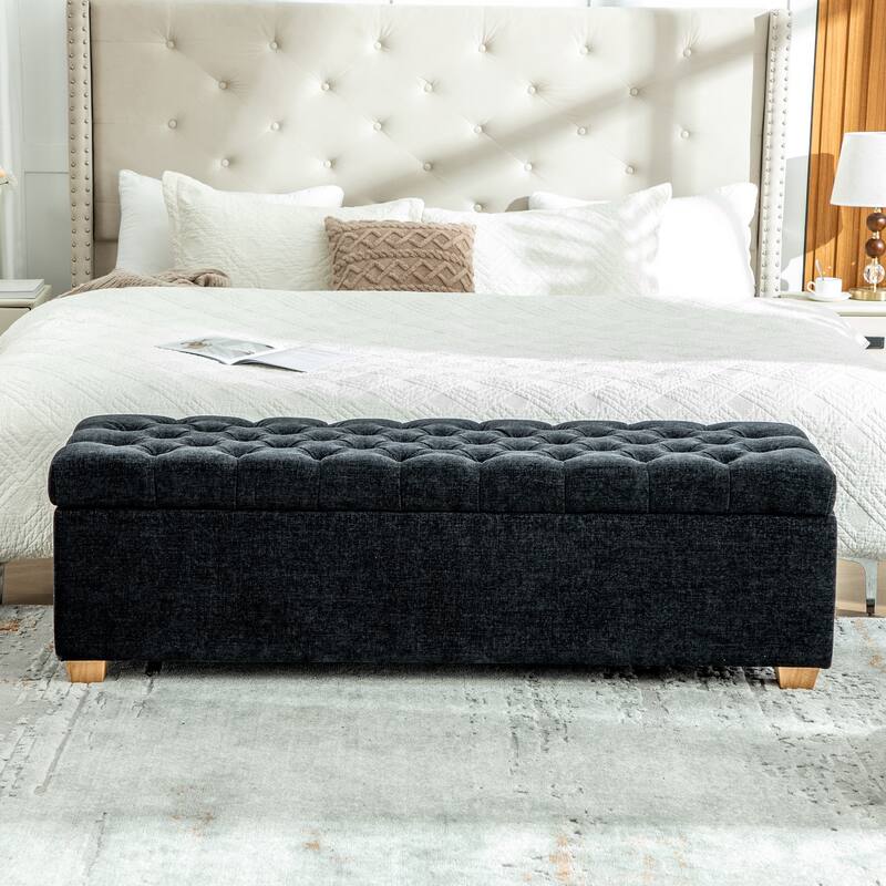 60.2" Chenille Upholstered Storage Bench, Tufted Flip-Top Ottoman with Legs, Accent End-of-Bed Bench Window Seat