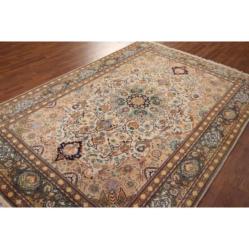 Hand Knotted Oriental 100% Wool Carpet Traditional Floral Beige & Ivories Tabriz Area Rug - 9' 2'' X 6' 3''