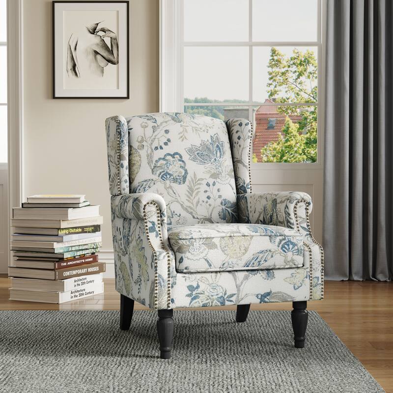 Wingback Accent Chair Nailhead Trim Living Room Reading Chair - Plants Blue