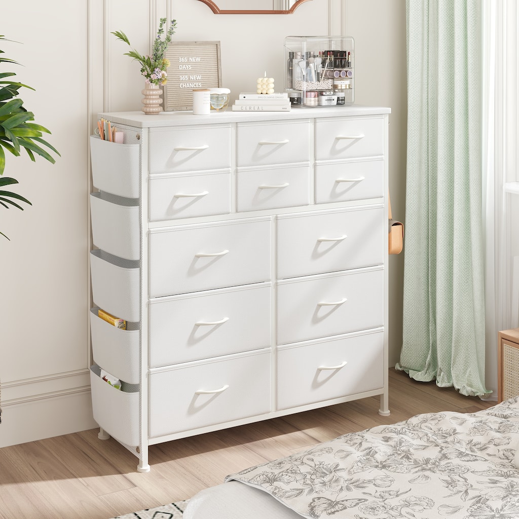 Dresser for Bedroom with 12 Drawers, Tall Dresser Chest of Drawers with Side Pockets and Hooks, Fabric Dresser Storage Tower