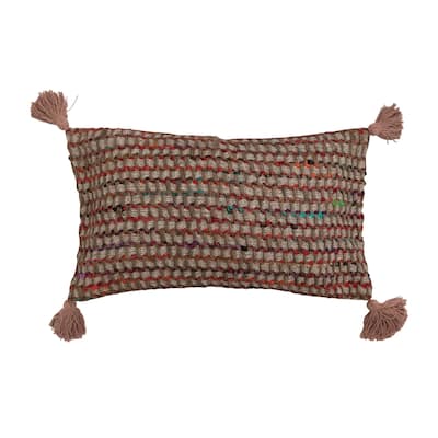Woven Cotton Blend Lumbar Pillow with Tassels and Chambray Back
