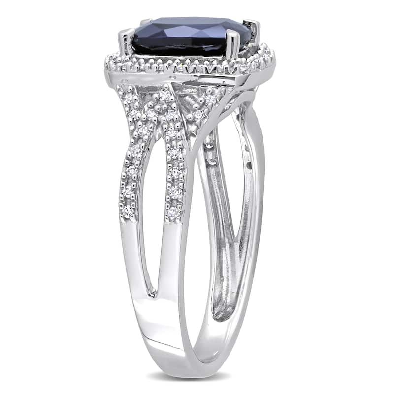 Miadora 2 1/5ct TGW Cushion-cut Created Blue Sapphire and 1/6ct TDW Diamond Crossover Ring in 10k White Gold