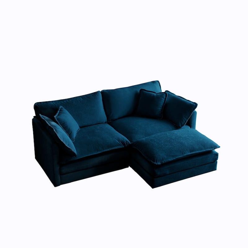 Blue Chenille Two-Seater Sectional Sofa with Ottoman, Modular Loveseat for Small Living Spaces
