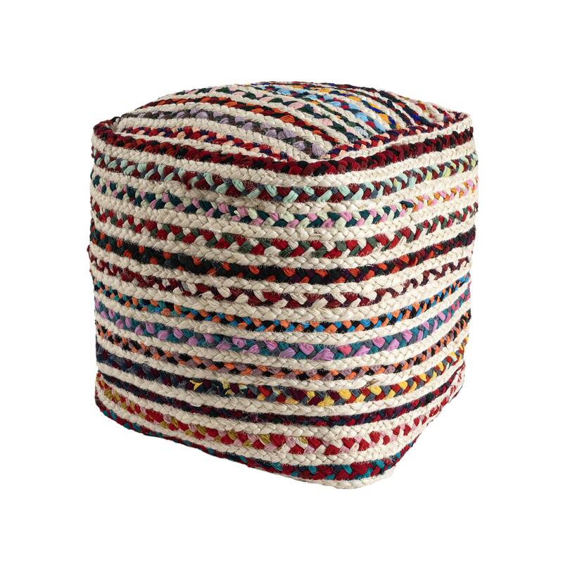 HomeRoots 18" Natural and Rainbow Braided Jute Blend Striped Pouf Ottoman