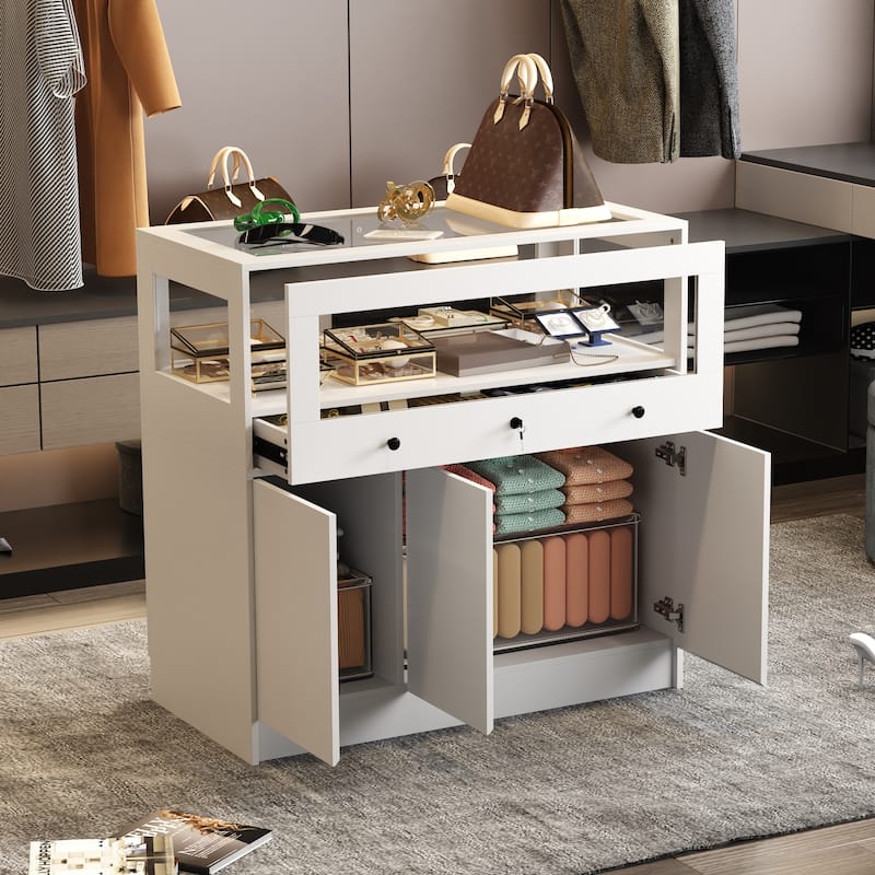 Display Cabinet with Tempered Glass Top and Lockable Storage Closet - 39.4"