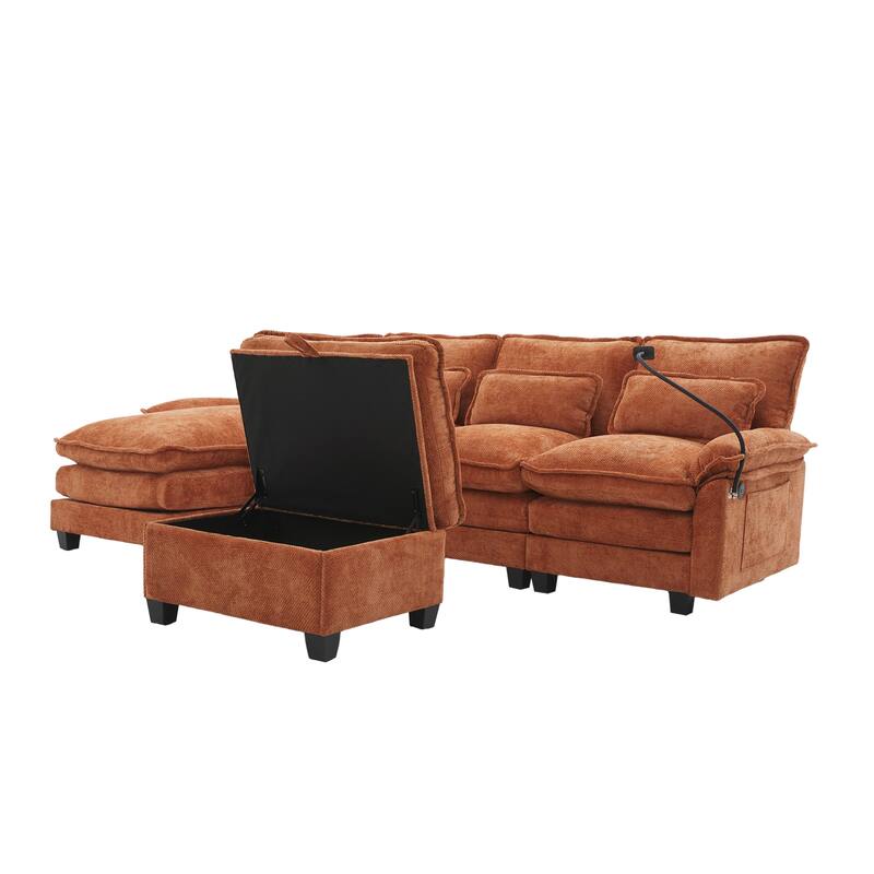 Chenille U-shape Sectional Sofa with Chaise and Storage Ottoman, Modular Couch with USB/Type-C Ports, Side Pockets, Phone Holder