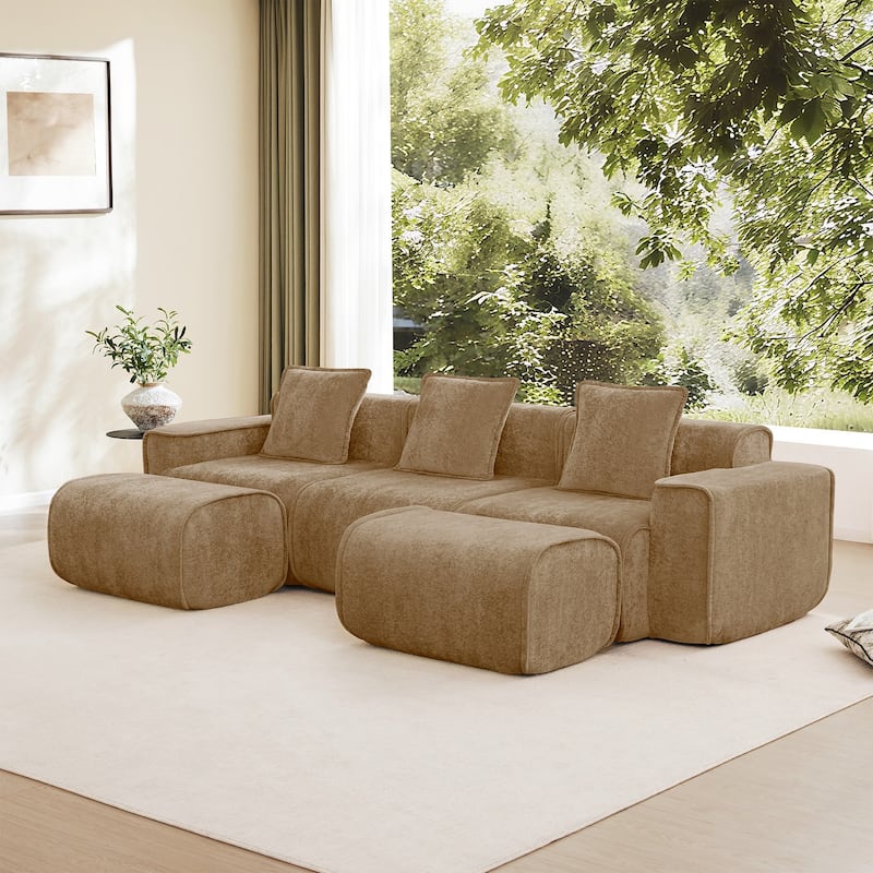 Streamlined Design Modular 3 Seat U Shape Boneless Velvet Fabric Sofa with 2 Movable Ottoman - 8' x 10'