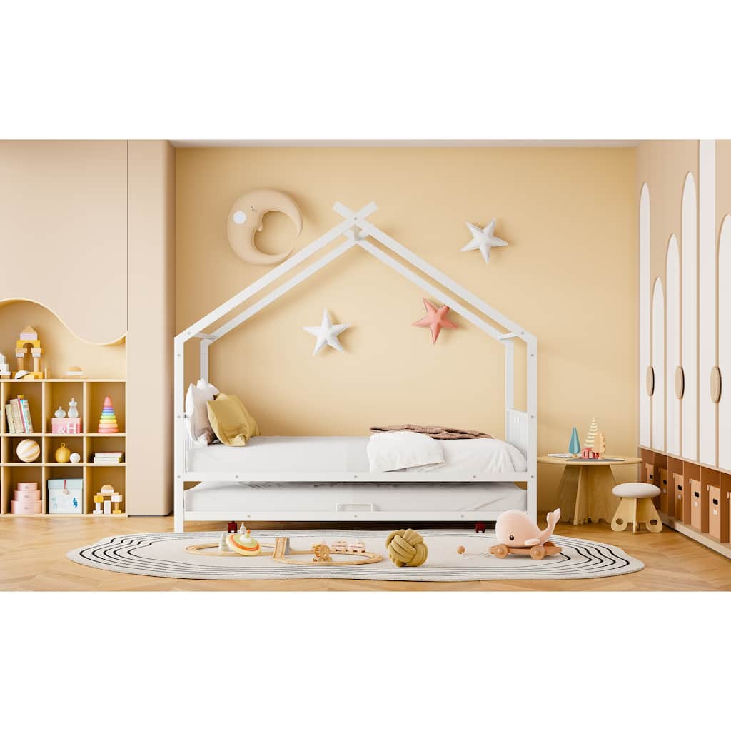 Full Size Metal House Bed with Twin Size Trundle