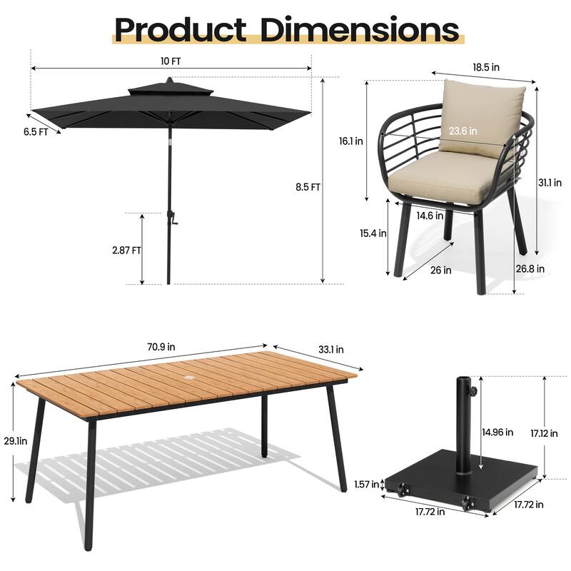 9PC Outdoor Patio Dining Set Aluminum Table with Sunbrella Cushion Chairs w/ Premium Market Umbrella Sets