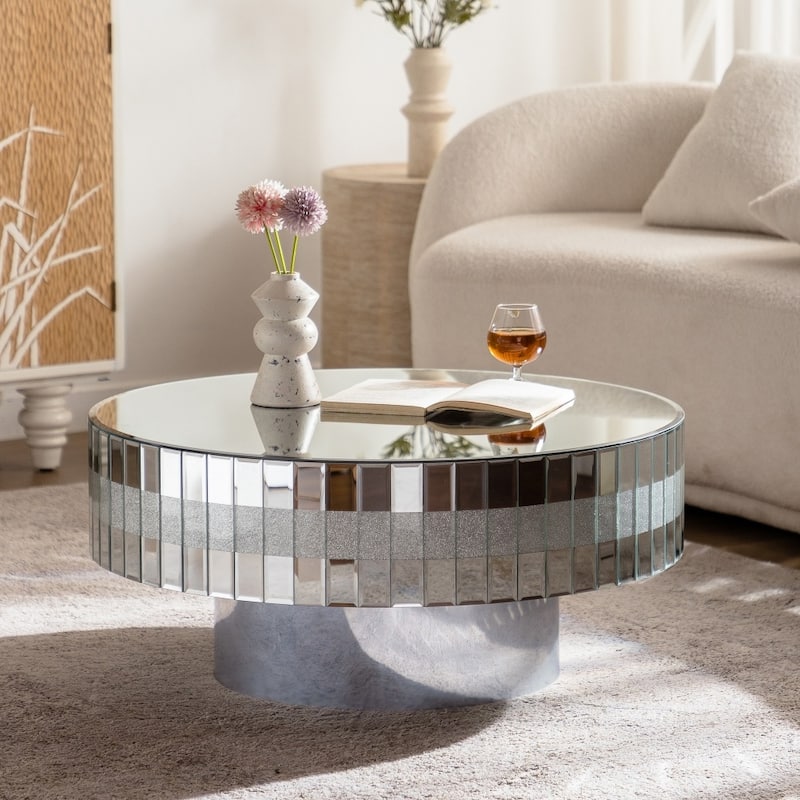 30.91" Luxury Silver Round Glass Mirrored Table Top Coffee Table - Mirror/Glass - Silver