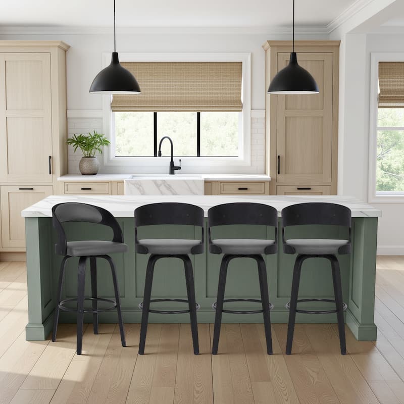 Shelly Mid-Century Swivel Bar Stool, Upholstered Counter Height Chair with Bentwood Legs - Grey & Black - Counter Height - Set of 4