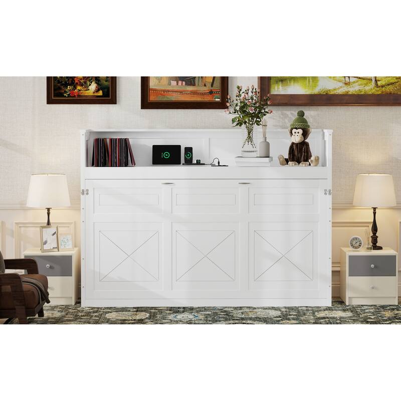 Twin XL Murphy Bed with Desk, LED Light, and USB Charging Station in White