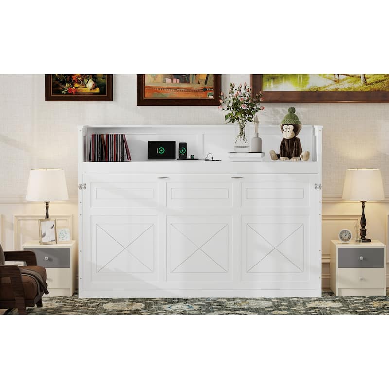 Twin XL Size Murphy Bed with Desk,LED Light
