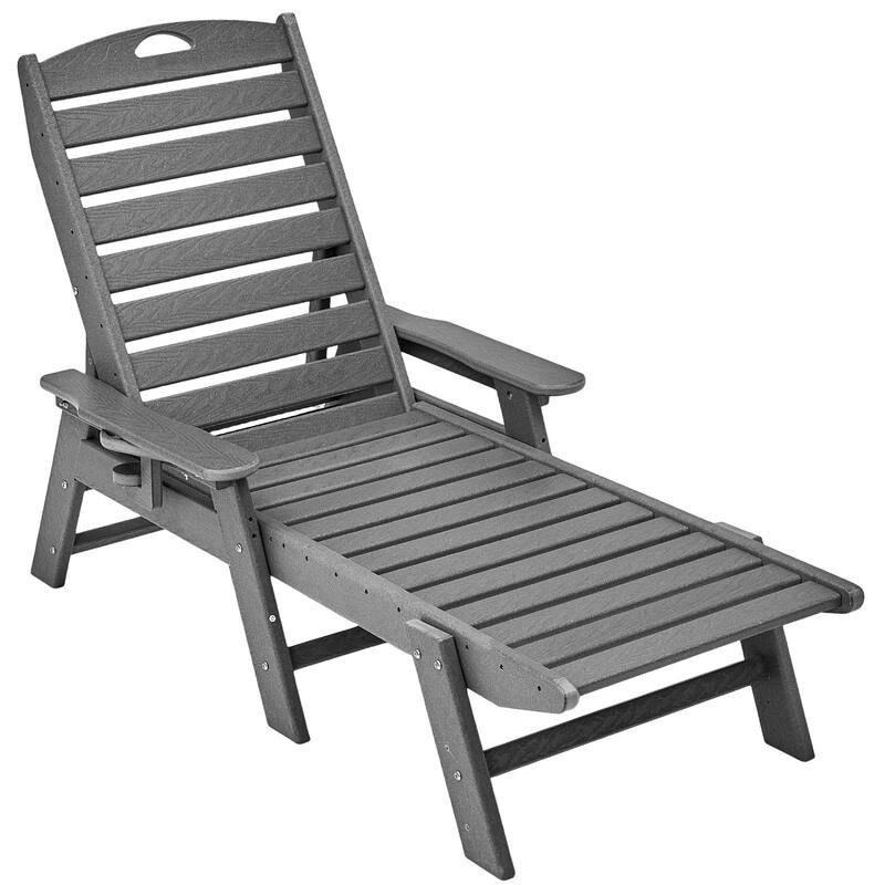 HDPE Outdoor Chaise Lounge Chair with Adjustable Backrest Armrests and Cup Holder Weather Resistant 400 lbs. Capacity