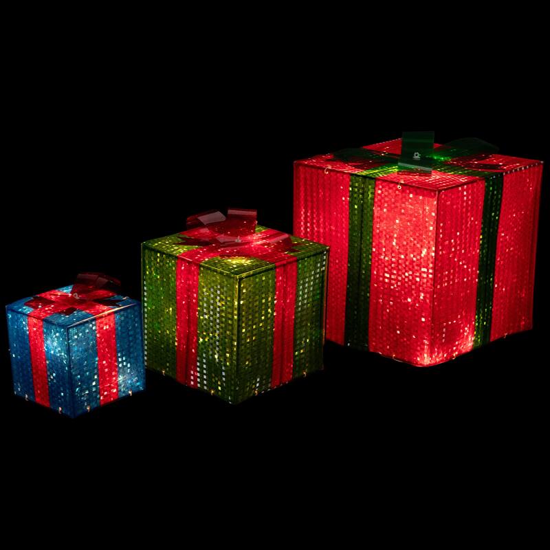 Set of 3 Red Green Lighted Gift Box Outdoor Patio Christmas Decor 10"