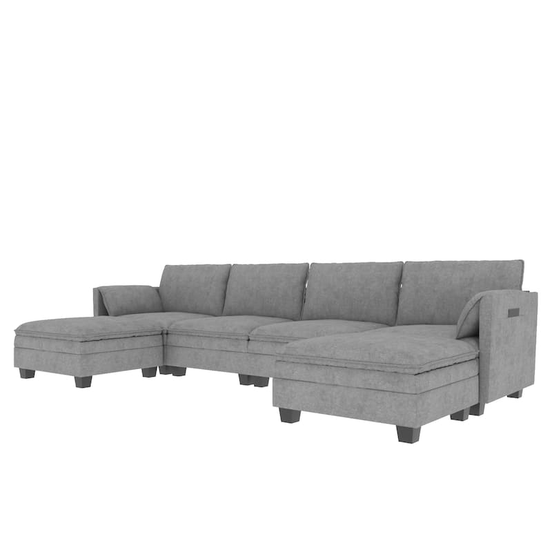 Christopher Knight Home - Noah 141.5" U-Shaped 6-Seater Sofa Couch with Movable Ottoman and Armrest Pockets, Fabric Upholstery