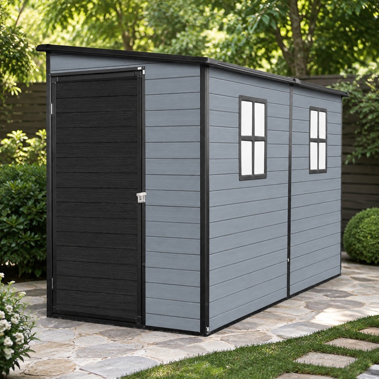 4x8 FT Outdoor Resin Storage Shed with Floor, 2 Windows, Lockable Door & Steel Frame
