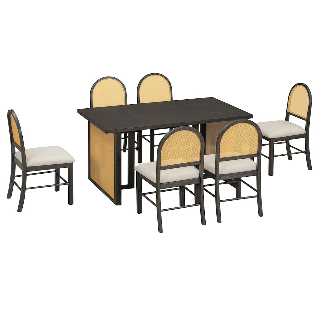 Farmhouse Dining Table Set with Padded Seat Chairs for 6, 59.8" Rectangular Dining Table with 6 Rattan Chairs